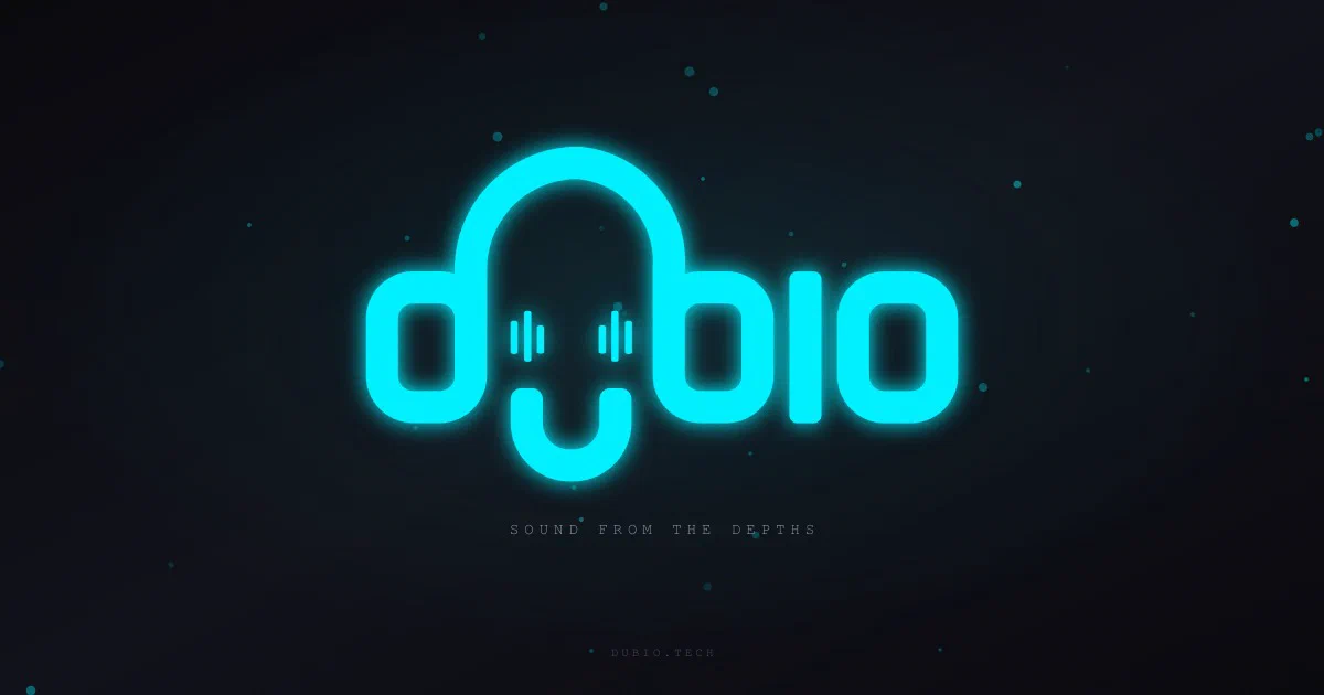 dübIO logo, glowing cyan letters with headphones